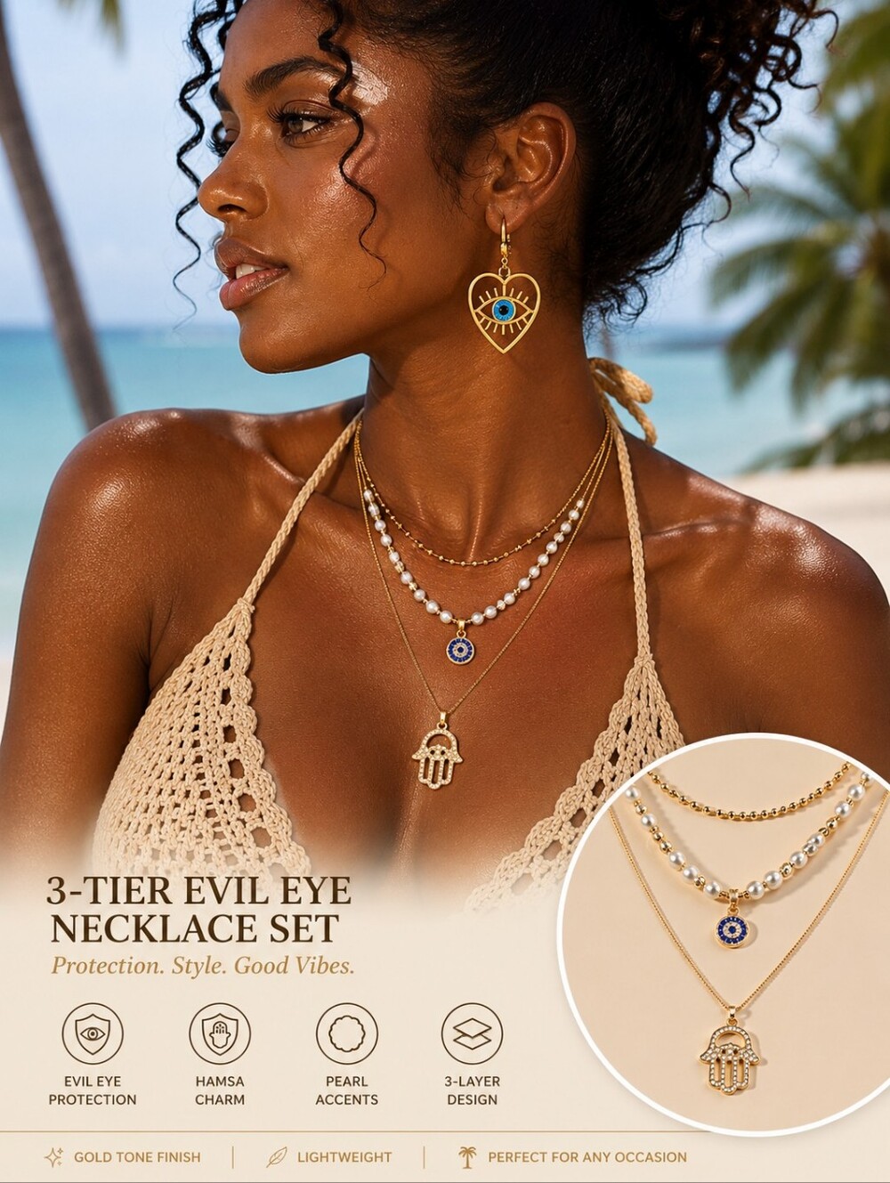 Layered Evil Eye & Hamsa Hand Necklace Gold Tone Pearl Boho Statement Necklace